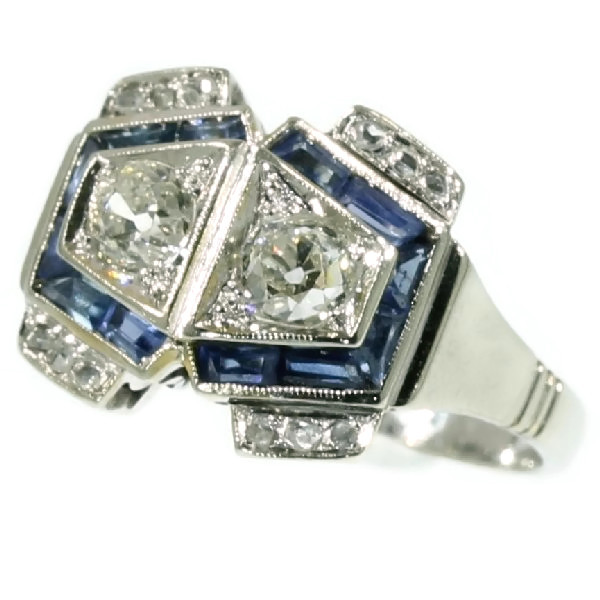 Sapphire diamond engagement ring Art Deco style